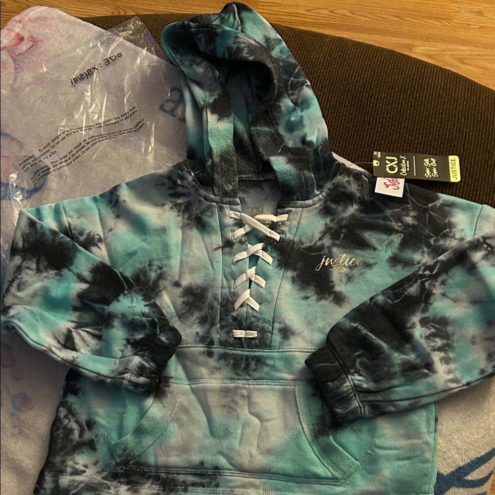 Justice Blue and Black tie dye Lace-Up Hoodie